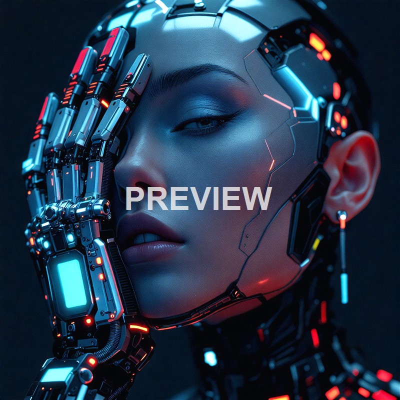 A futuristic humanoid female with cybernetic enhancements on her face and hand, featuring glowing red and blue lights, set against a dark background.